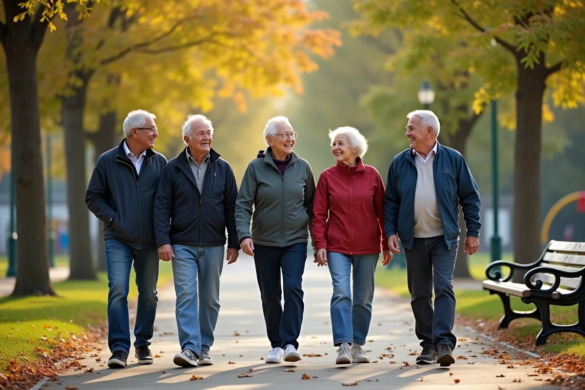 Groupe de seniors marchant dans un parc ensoleille