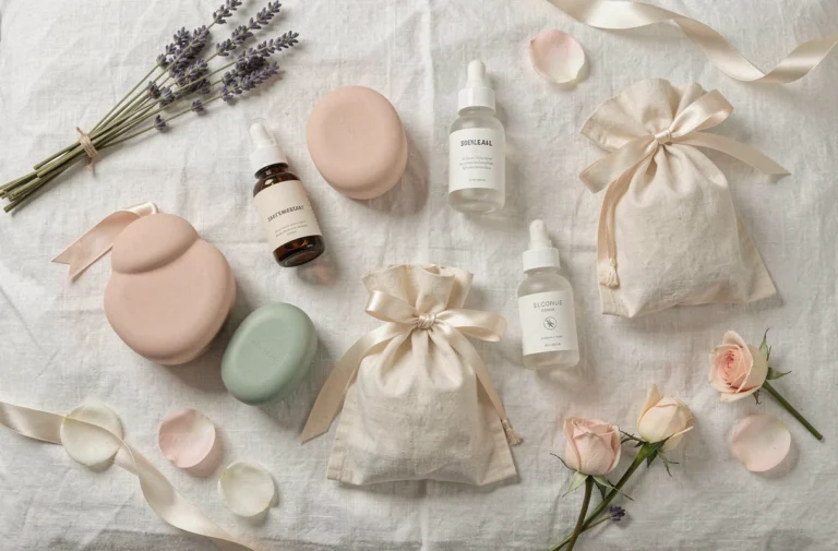 Flat lay de produits de bien-être intimes et d'accessoires de soin personnel sur du linge blanc, avec des teintes pastel apaisantes pour illustrer un guide sur les sex-toys