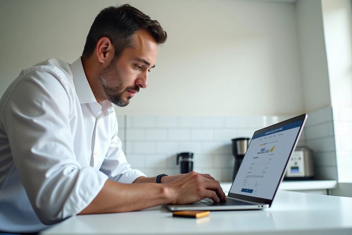 Homme effectuant un achat en ligne sur Amazon depuis sa cuisine, avec une carte bancaire posée à côté mais non utilisée pour le cryptogramme