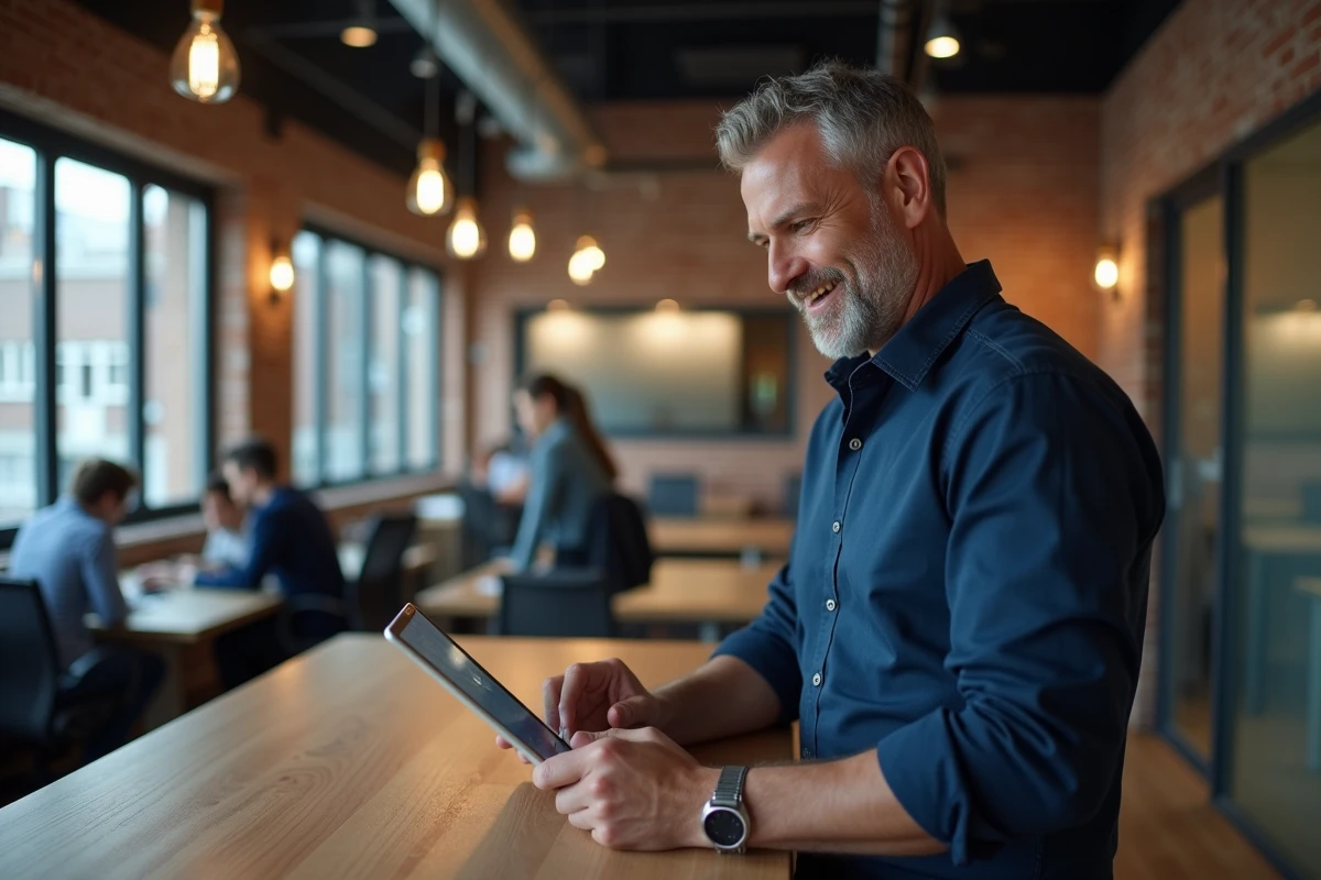 Homme d'affaires consultant des ressources fiables sur une tablette dans un espace de coworking pour développer son activité en ligne