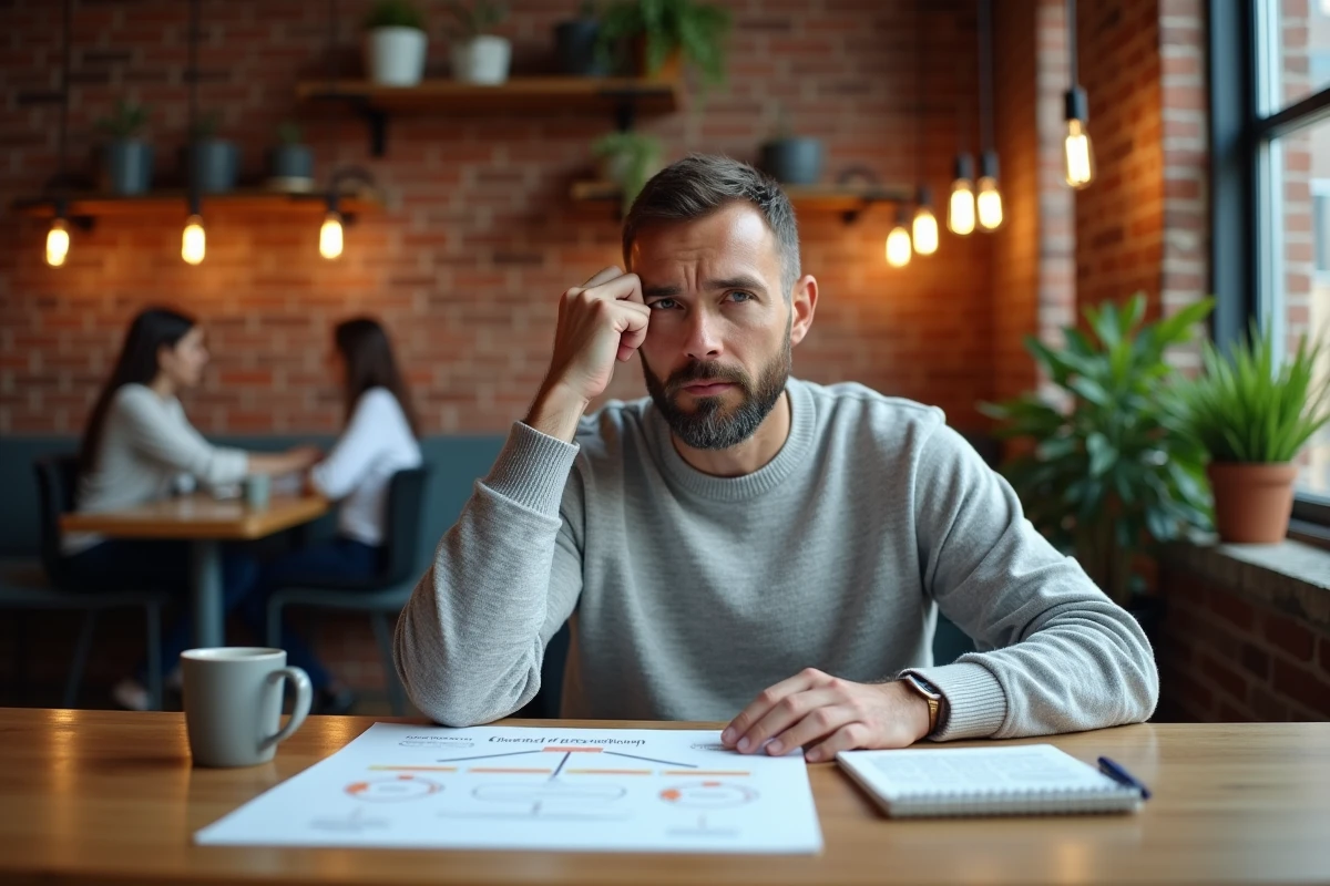 Homme en réflexion analysant un graphique comparatif entre innovation disruptive et innovation incrémentale dans un espace de coworking