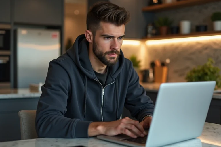 Homme en hoodie regarde manuels auto sur son ordinateur