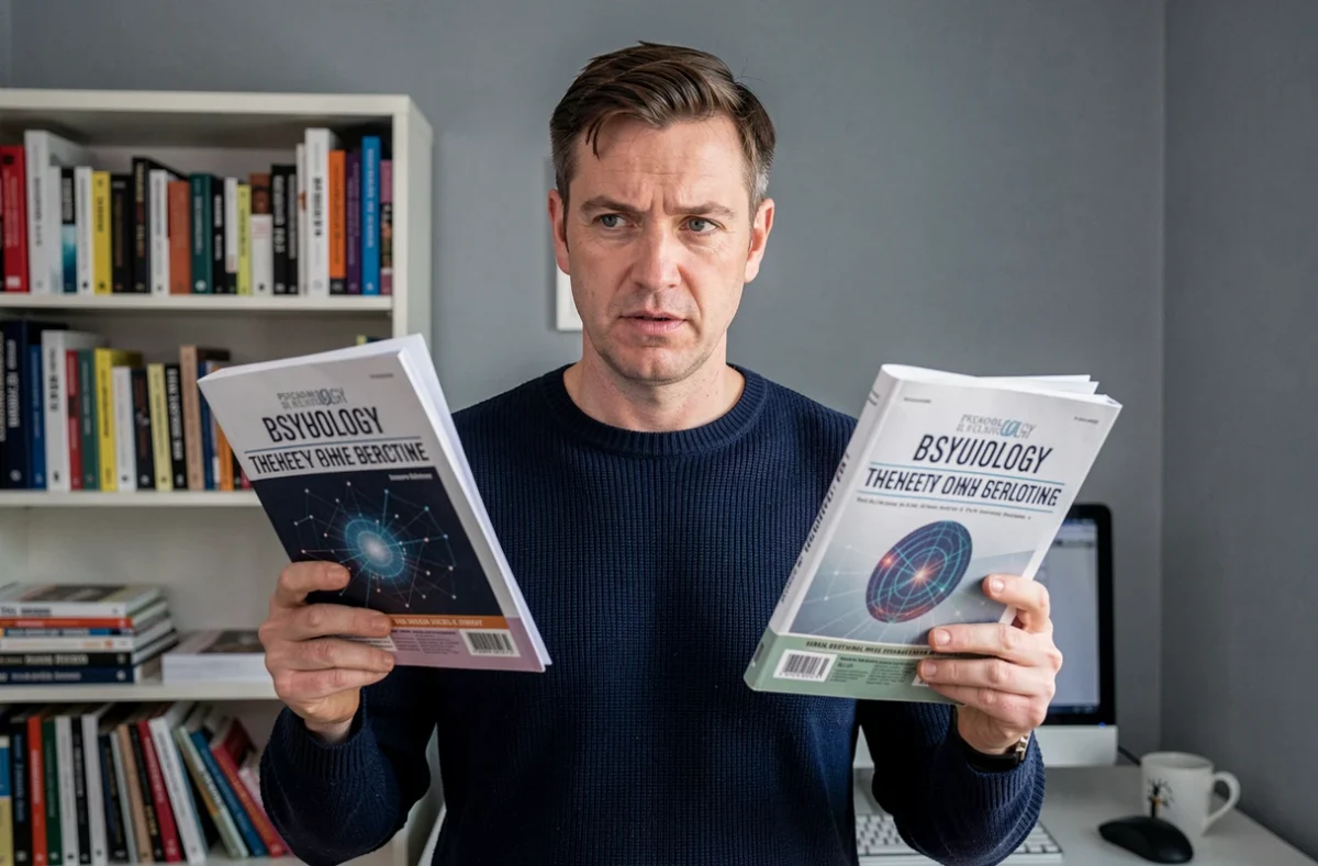 Homme comparant deux numéros de magazine psychologie dans un bureau, réflexion sur abonnement ou achat