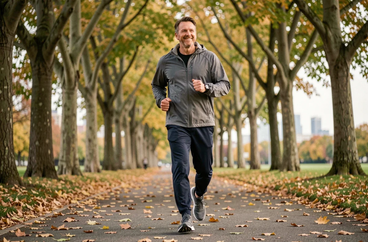 Homme faisant du jogging dans un parc en automne, activité physique régulière pour maintenir la minceur durablement