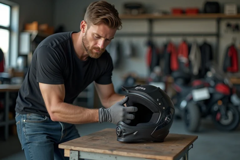 Homme ajustant un casque moto intérieur dans un atelier organisé