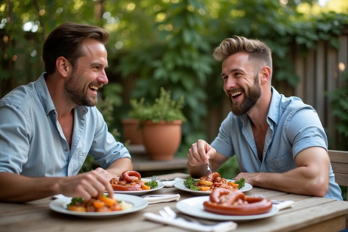 Deux hommes souriants comparant saucisses Toulouse et Montbéliard