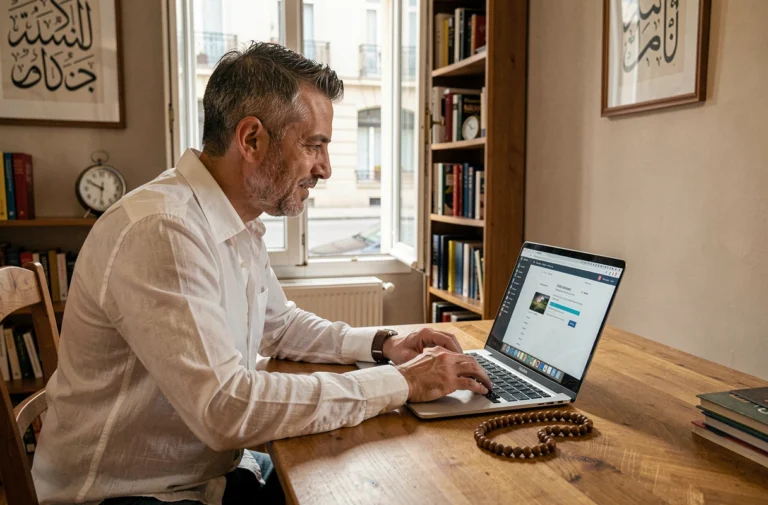 Homme consultant les horaires de prière à Nantes sur un ordinateur portable dans un bureau à domicile