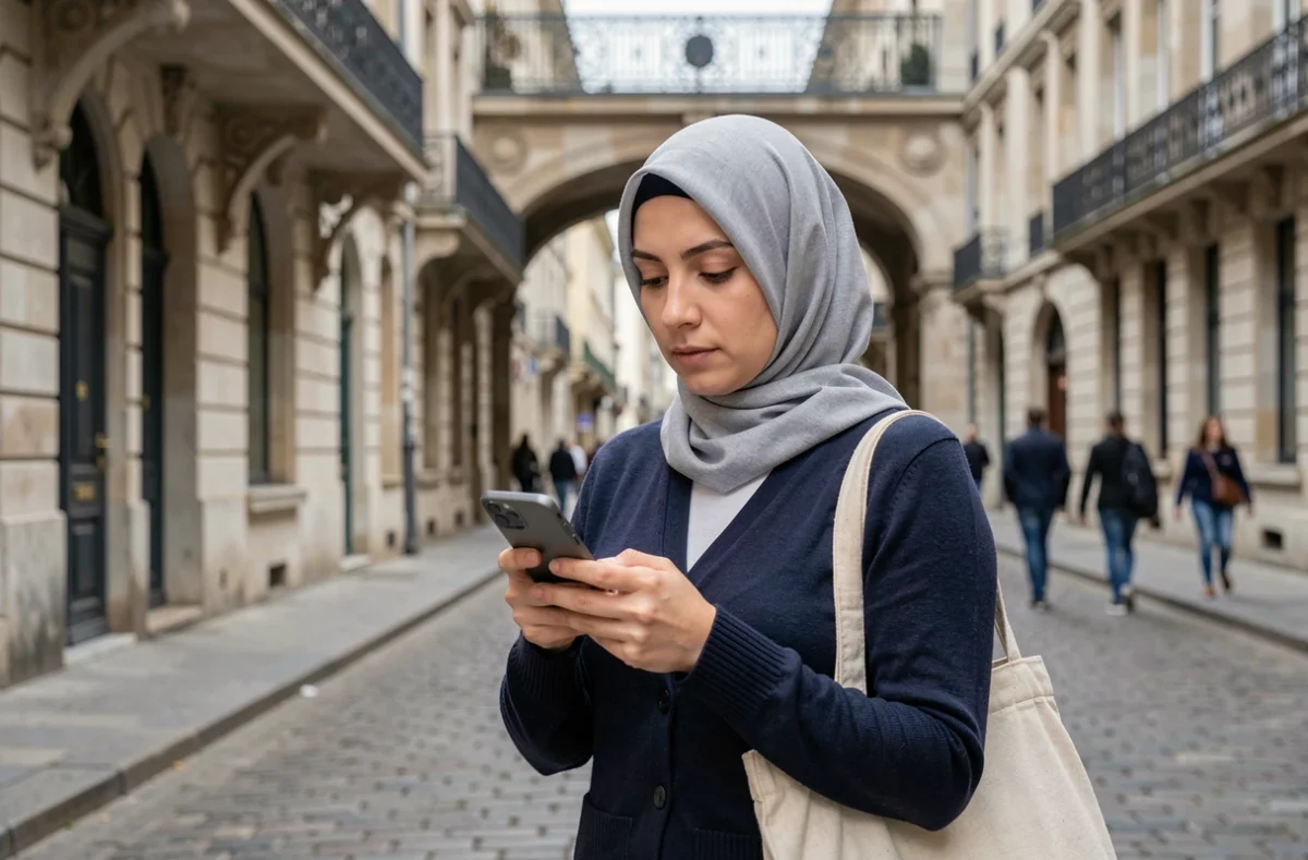 Femme en hijab consultant l'application des horaires de prière sur smartphone dans les rues de Nantes