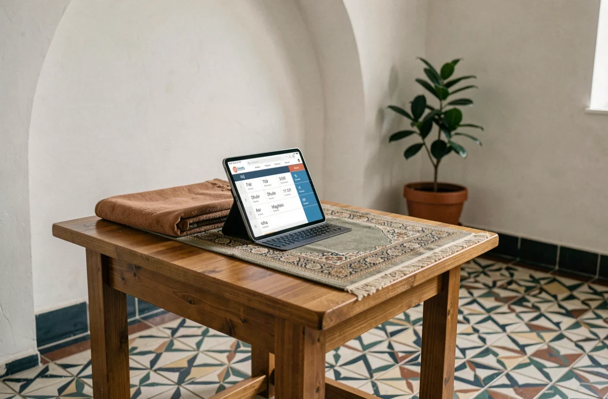 Tablette affichant les horaires de prière islamiques dans un espace de prière à Nantes avec tapis de prière