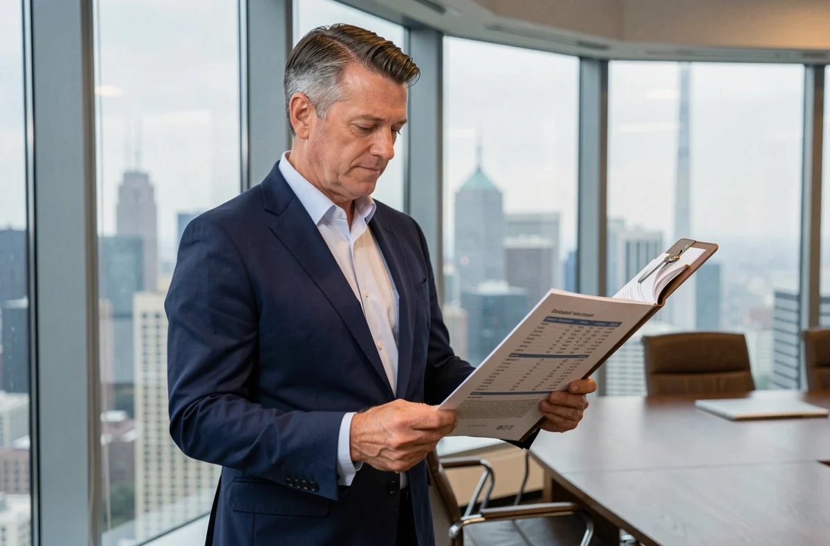 Investisseur senior examinant un rapport de dividendes devant la skyline d'une grande ville