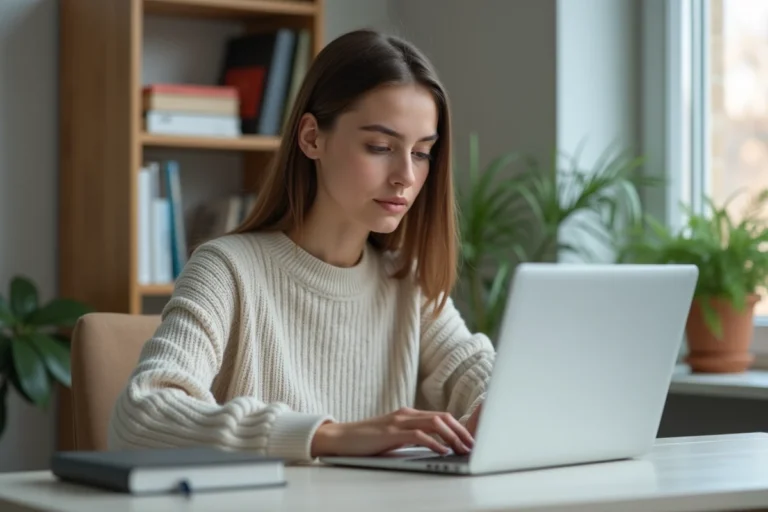 Jeune femme concentrée travaillant sur son ordinateur dans un bureau moderne