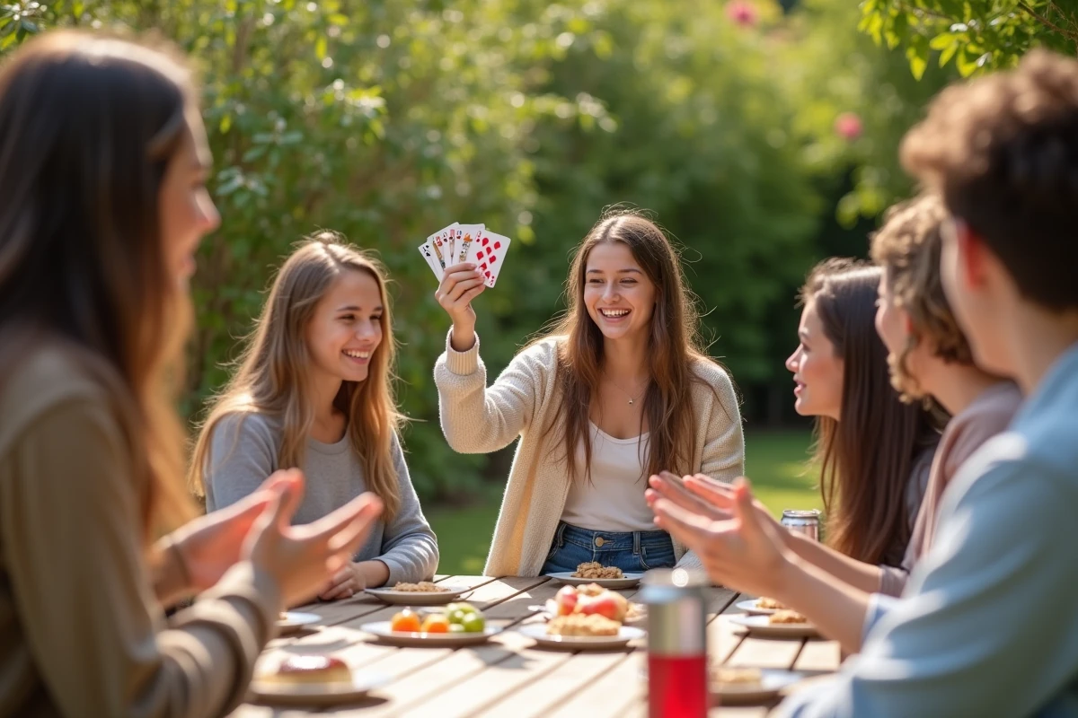 Jeune fille souriante montre sa main de cartes lors d