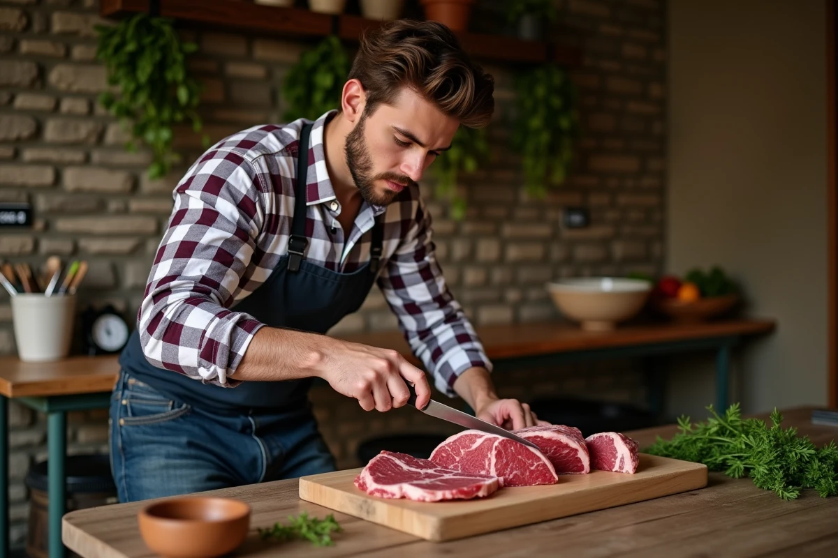 Jeune homme coupant une langue de boeuf dans une cuisine rustique