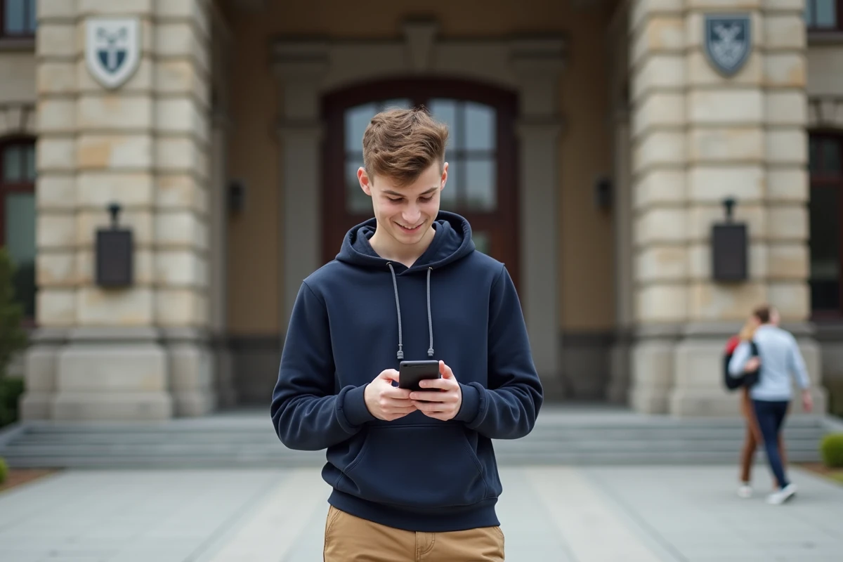 Jeune homme souriant devant une universite en entrant