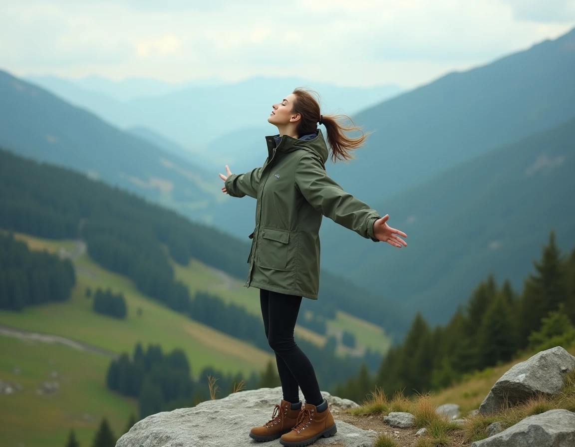 Jeune femme au sommet d'une montagne profitant du paysage lors d'un voyage en plein air