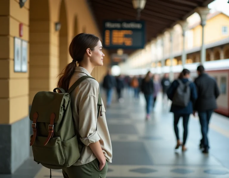 Jeune femme avec un sac à dos attendant son train dans une gare européenne pour un voyage aventure