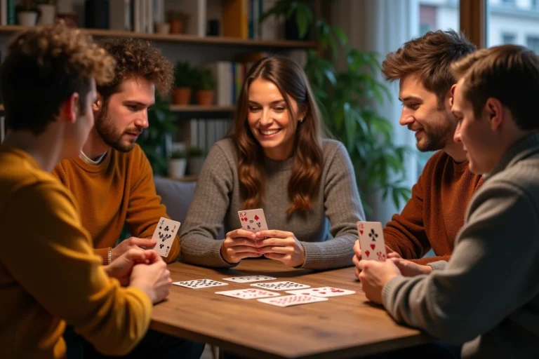 Trois adultes jouent aux cartes dans un salon chaleureux