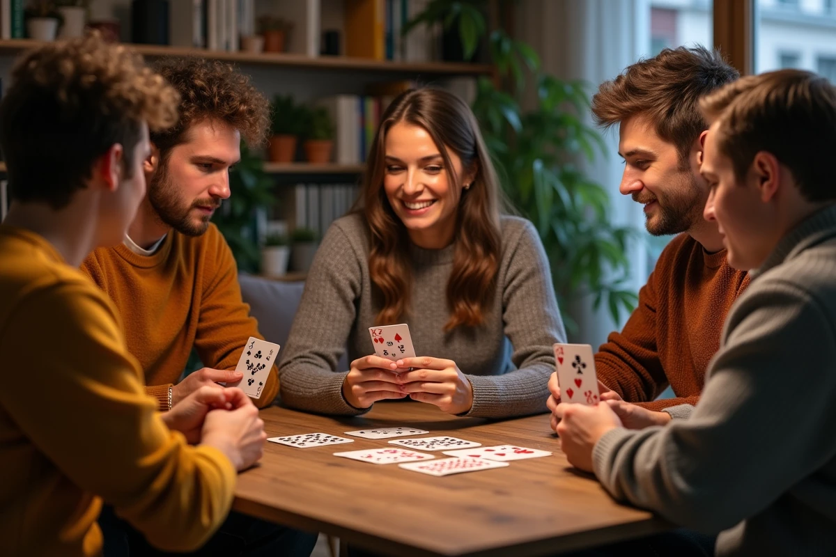 Trois adultes jouent aux cartes dans un salon chaleureux