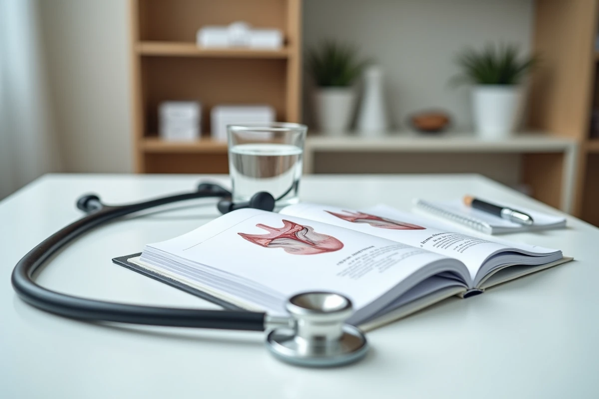 Stéthoscope, manuel d'anatomie et carnet de prescription sur un bureau médical blanc illustrant un suivi urologique