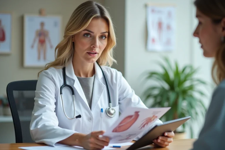 Médecin généraliste féminine expliquant un diagnostic urologique à sa patiente dans un cabinet médical moderne