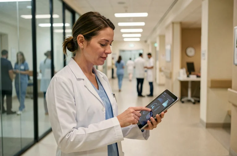Médecin femme consultant des données médicales sur une tablette dans un couloir d'hôpital moderne en France