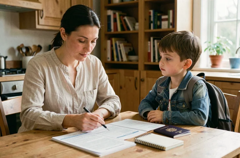 Mère et enfant vérifiant les documents de voyage nécessaires avant un départ en famille