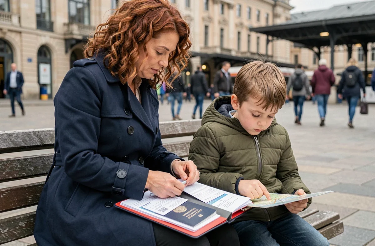 Mère organisant un dossier de documents de voyage avec son fils avant un départ en train