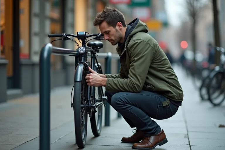 Homme ajustant le code de son antivol vélo Decathlon à combinaison devant un rack urbain