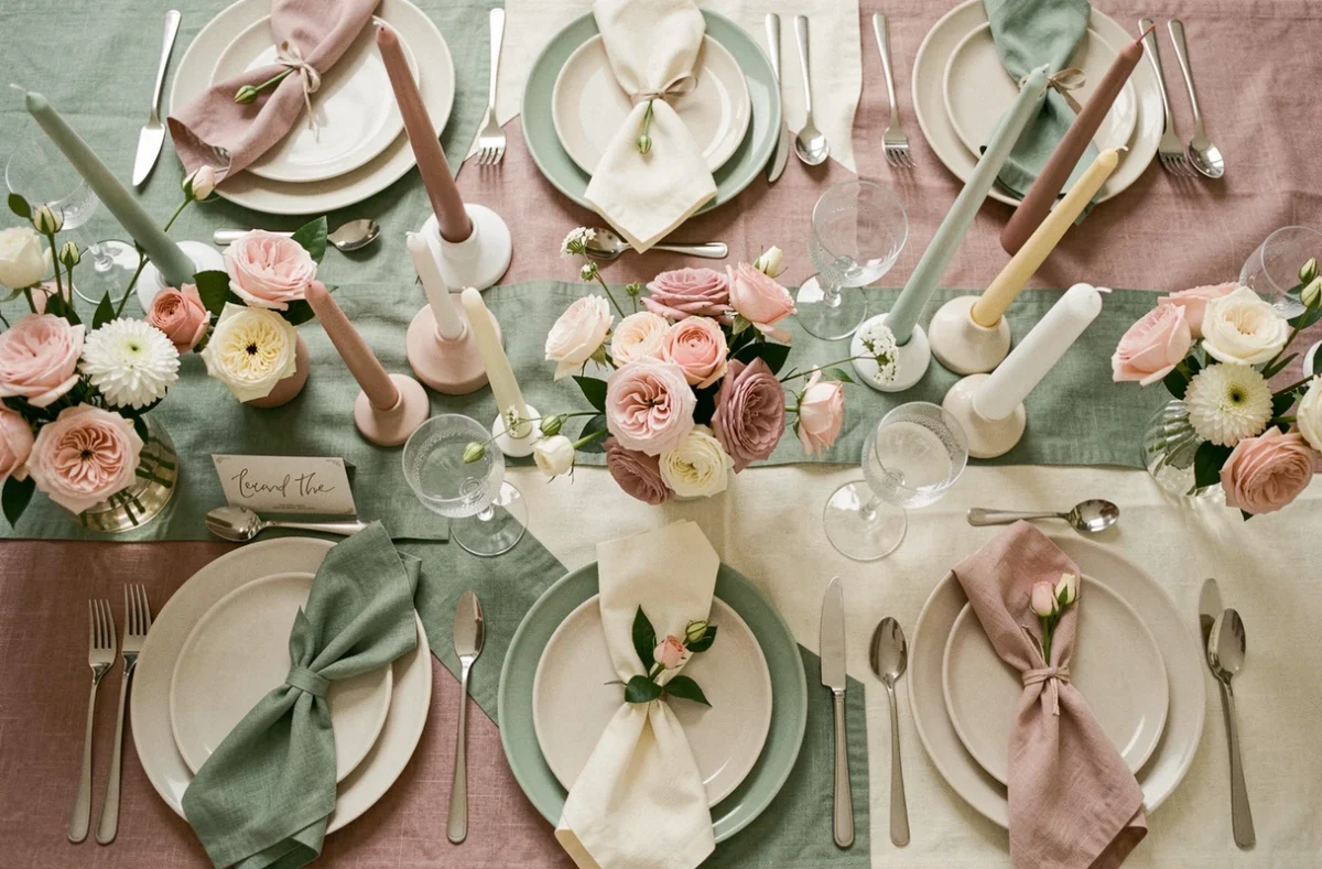 Table de mariage stylisée avec une palette de couleurs limitée à trois teintes : rose poudré, vert sauge et ivoire chaud