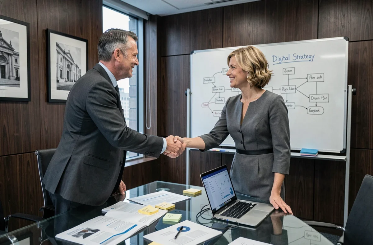 Deux dirigeants d'entreprise signant un partenariat avec une agence digitale autour d'une feuille de route de transformation numérique