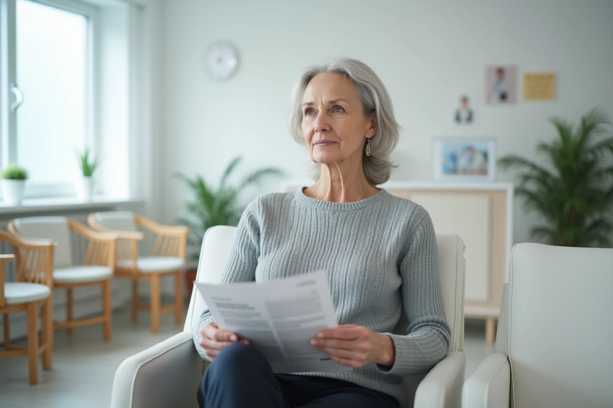 Femme âgée en salle d'attente d'une clinique gynécologique lisant une brochure médicale sur les troubles urologiques