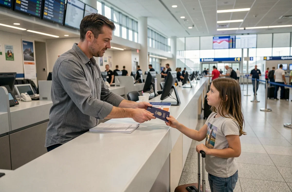 Père et fille présentant leurs documents de voyage au comptoir d'enregistrement d'un aéroport