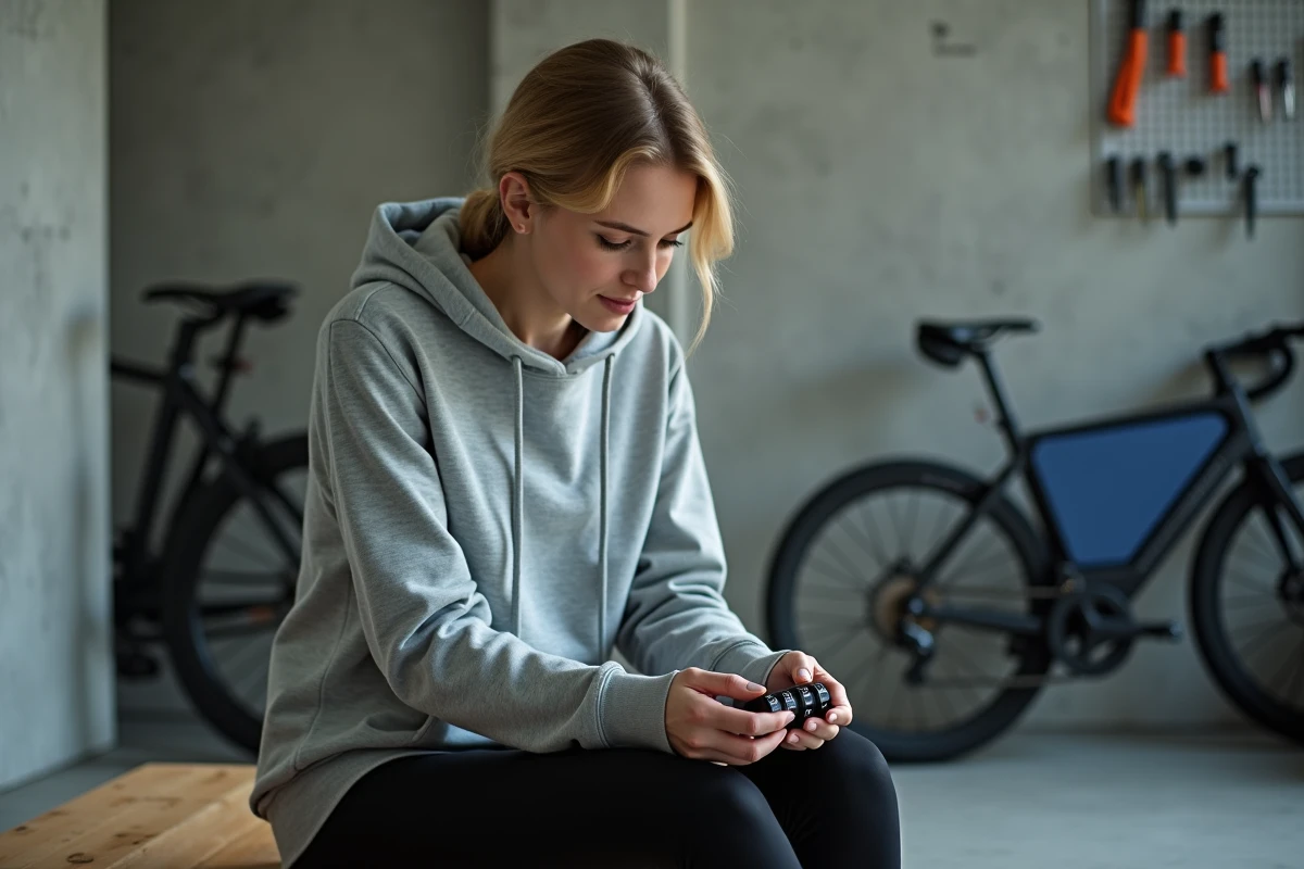 Femme lisant les chiffres d'un antivol vélo Decathlon à combinaison dans un local à vélos
