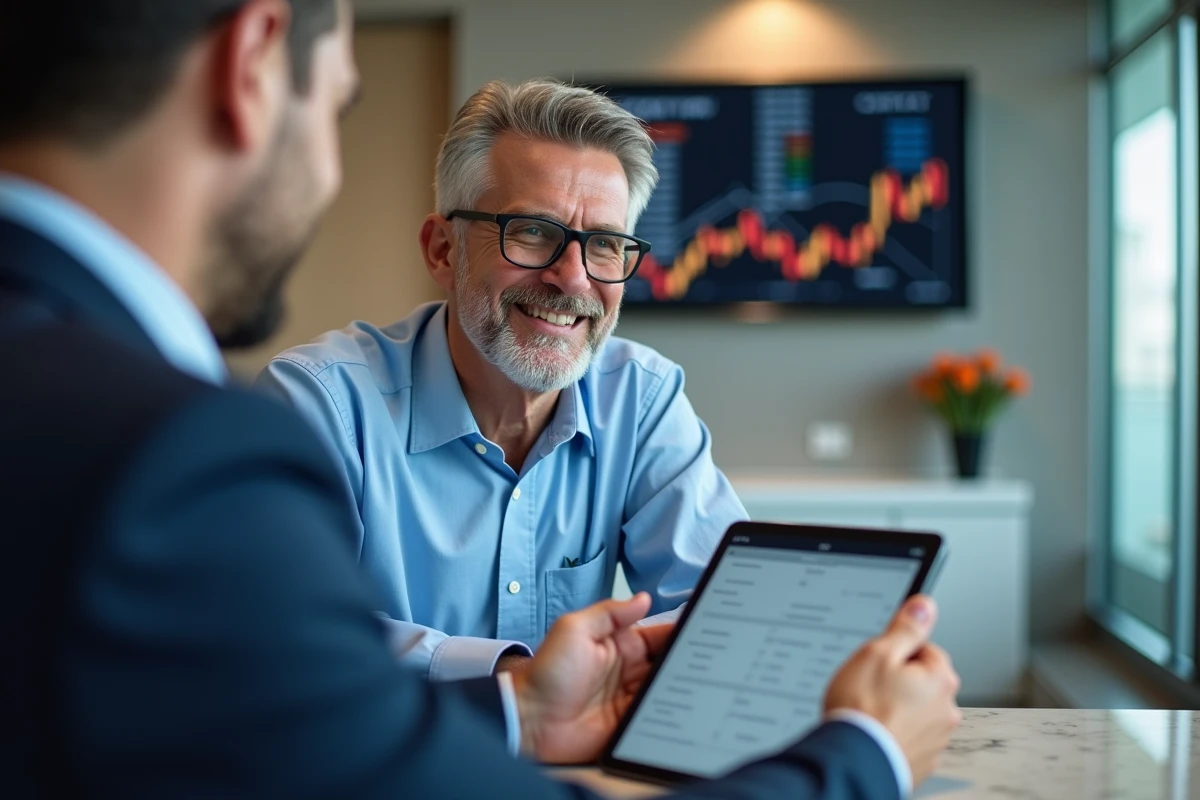 Homme souriant rencontrant un conseiller bancaire en agence