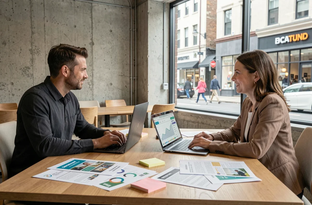 Deux professionnels du marketing en réunion dans un espace de co-working discutant d'un partenariat local stratégique