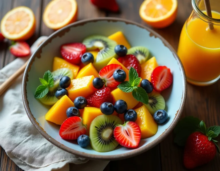 Salade de fruits frais dans un bol en céramique avec un pichet de jus d'orange sur une table en bois rustique