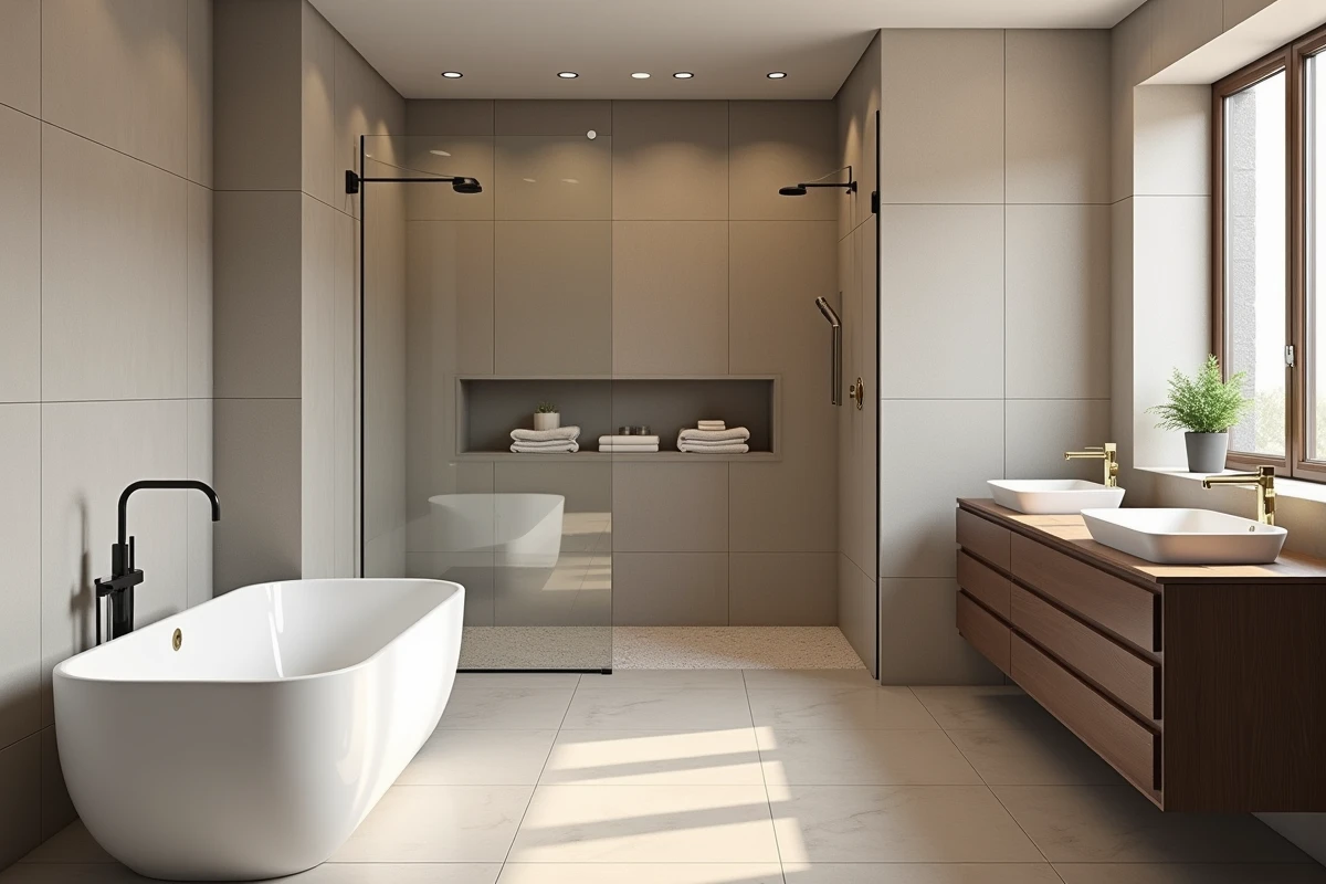 Salle de bain moderne avec baignoire îlot, douche à effet pluie et double vasque en noyer pour un habitat confortable