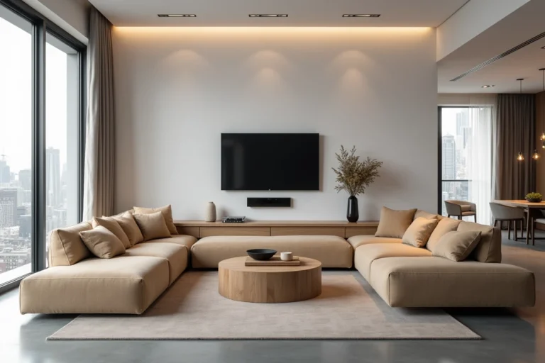 Salon moderne avec système domotique, canapé confortable et grande télévision murale dans un appartement contemporain