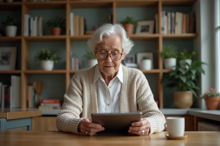 Femme âgée utilisant une tablette dans la cuisine chaleureuse