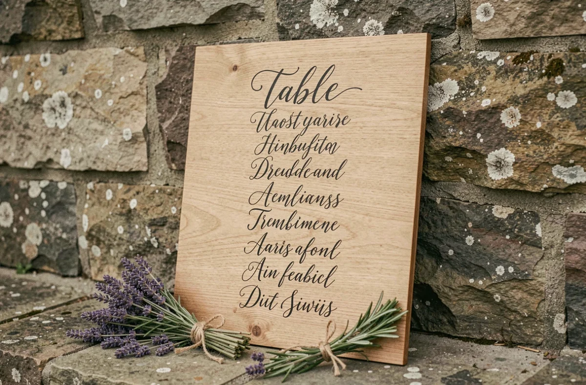 Panneau de signalétique de mariage en calligraphie sur support en bois naturel sablé, entouré de brins de lavande et romarin séchés