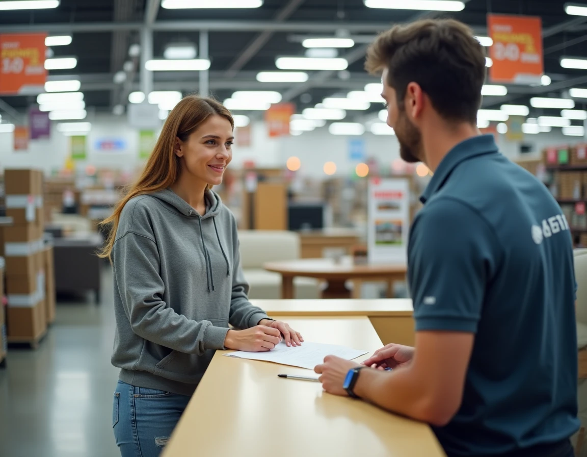 Femme signant un contrat de location de camionnette au comptoir service client d'un magasin de meubles